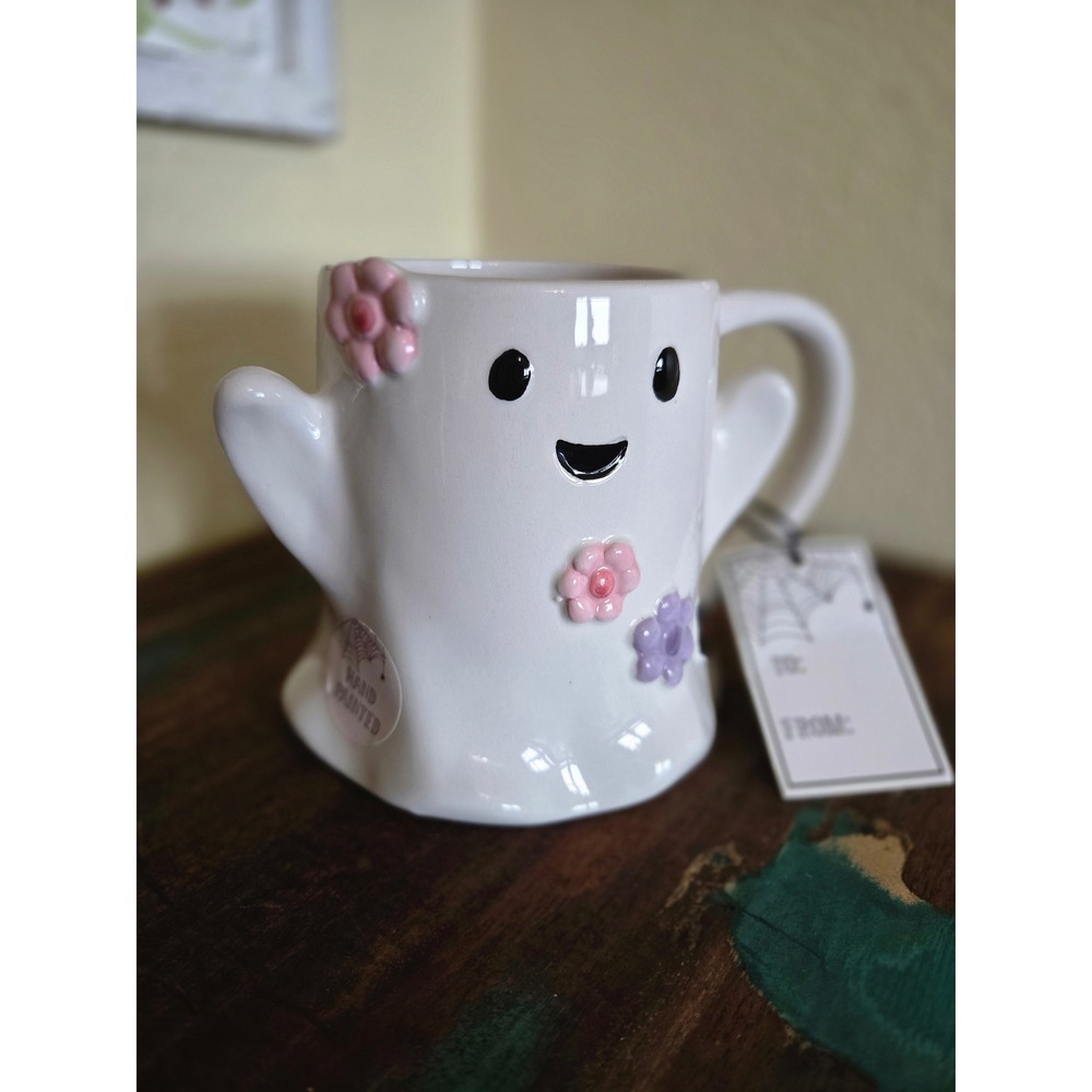 Cobwebs & Cauldrons White Ghost Flower Ceramic Mug Halloween Hand Painted